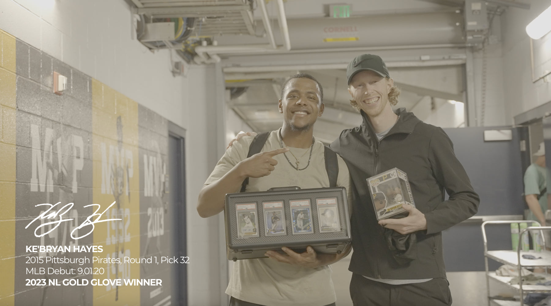 Vaulted founder Shane Kemp and former teammate and Pittsburgh Pirates Gold Glove Winner KeBryan Hayes with the Display Vault Card Edition